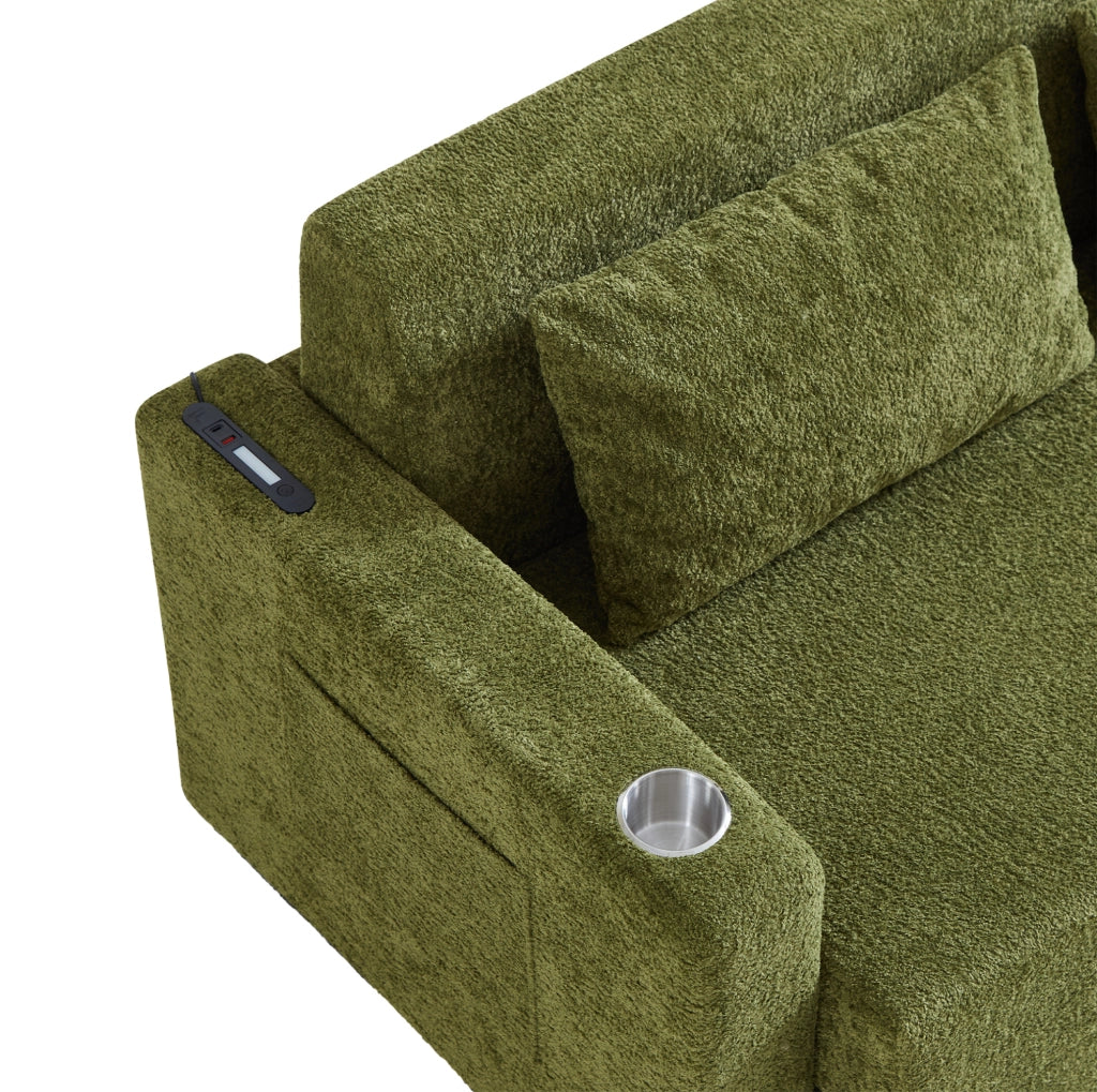 Divano letto 2 posti pieghevole con USB; portabicchieri e tasche laterali; verde