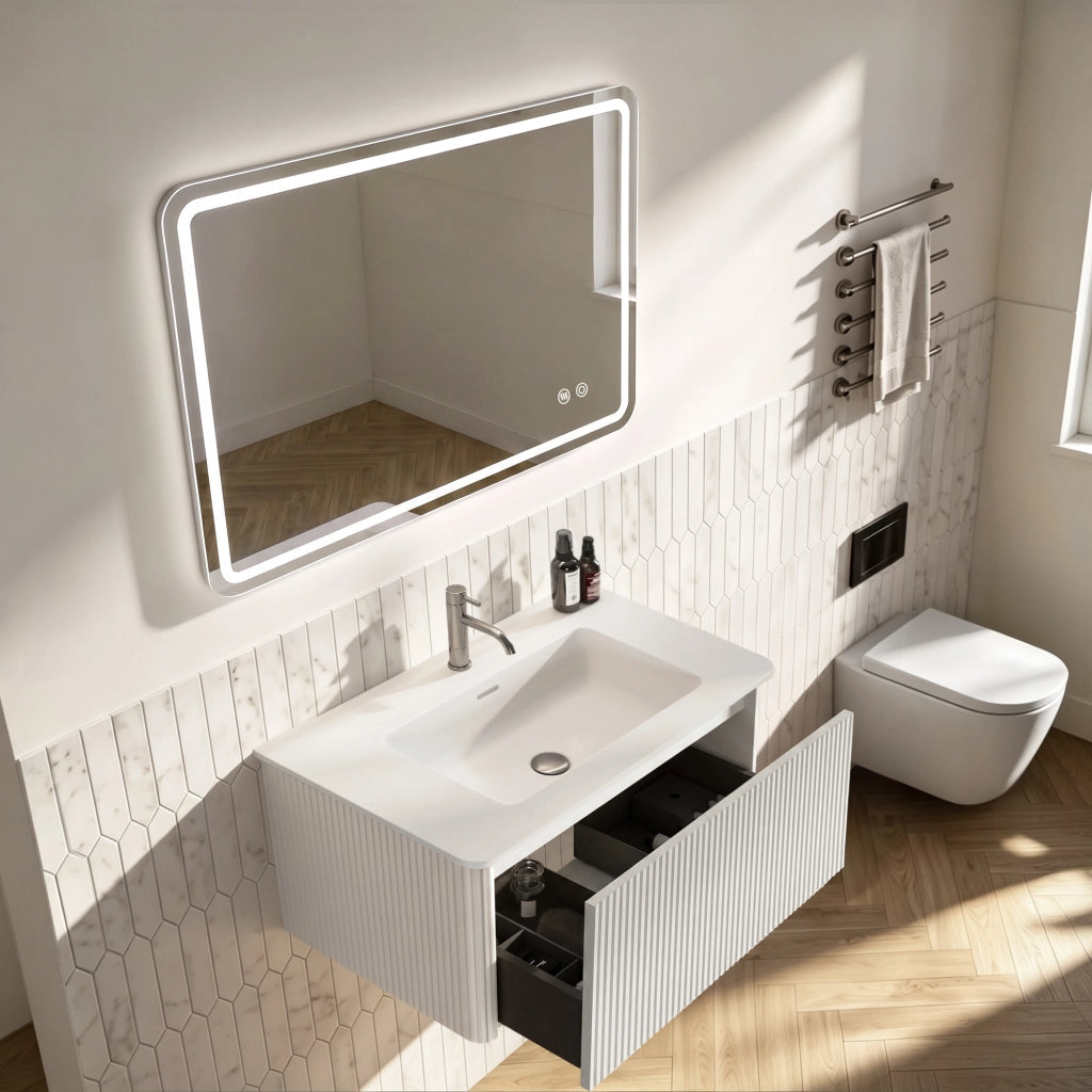 Set mobile bagno sospeso con lavabo integrato e specchio LED rotondo da 80 cm