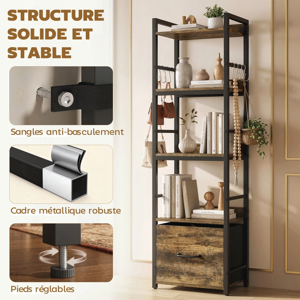 Libreria 4 Livelli con Cassetto e Ganci ¨C Zephmum ¨C Marrone Rustico 39x26x136.5 cm