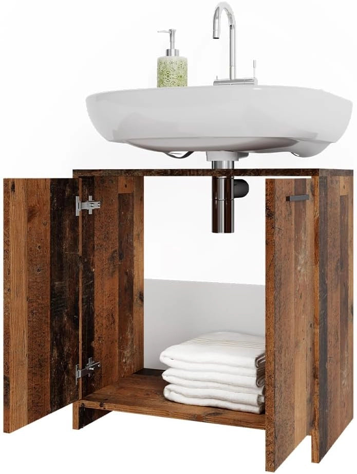 Mobile sottolavabo per bagno Kiko, Rovere rustico, 58 x 60 cm, con ritaglio per sifone e spazio di stoccaggio per l’organizzazione del bagno