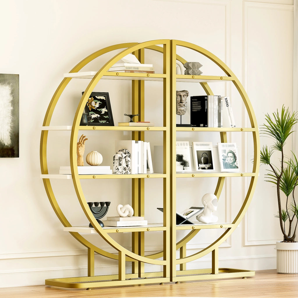 Libreria ad arco 120×30×130 cm, 2 pezzi, struttura in metallo oro con ripiani MDF bianchi, scaffale modulare