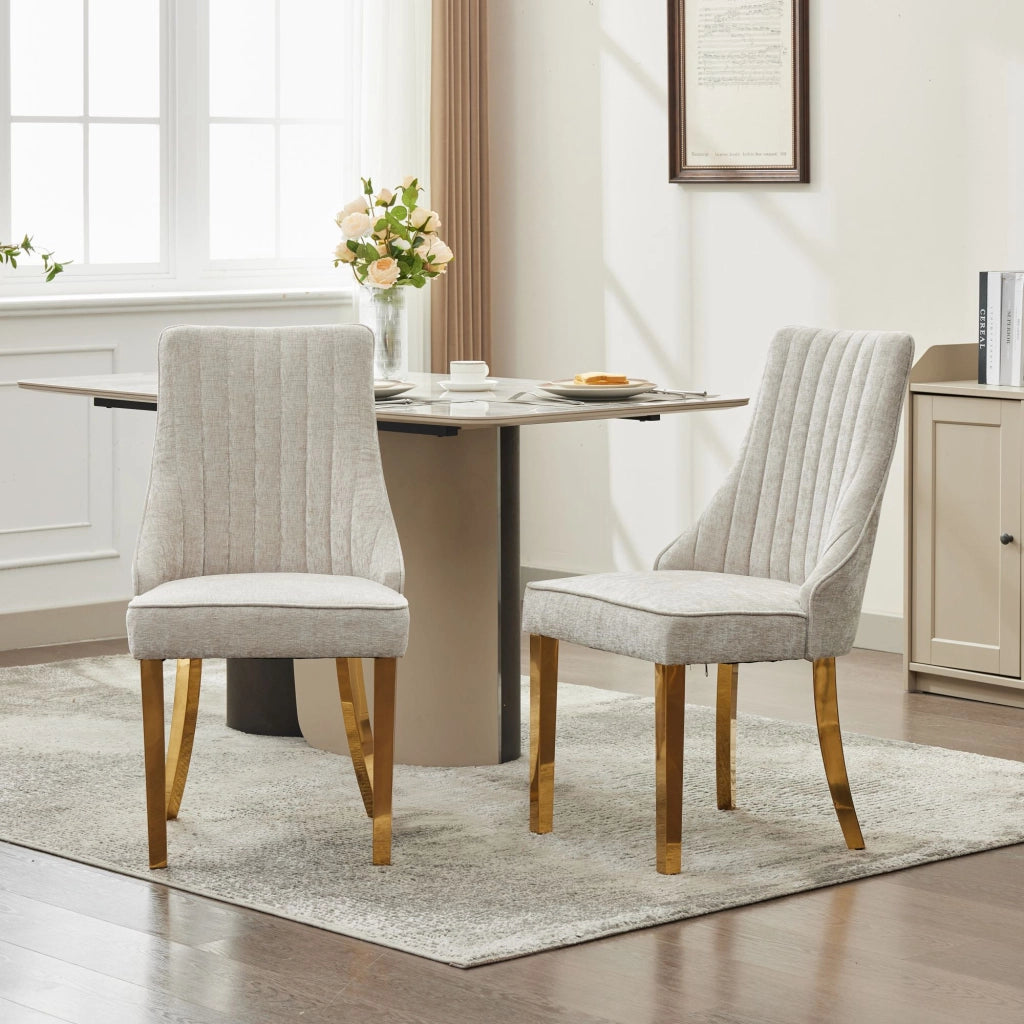 Sedie da Pranzo Imbottite in Tessuto Velluto ¨C MINIMAL ¨C Gambe Dorate, Beige, Set di 2