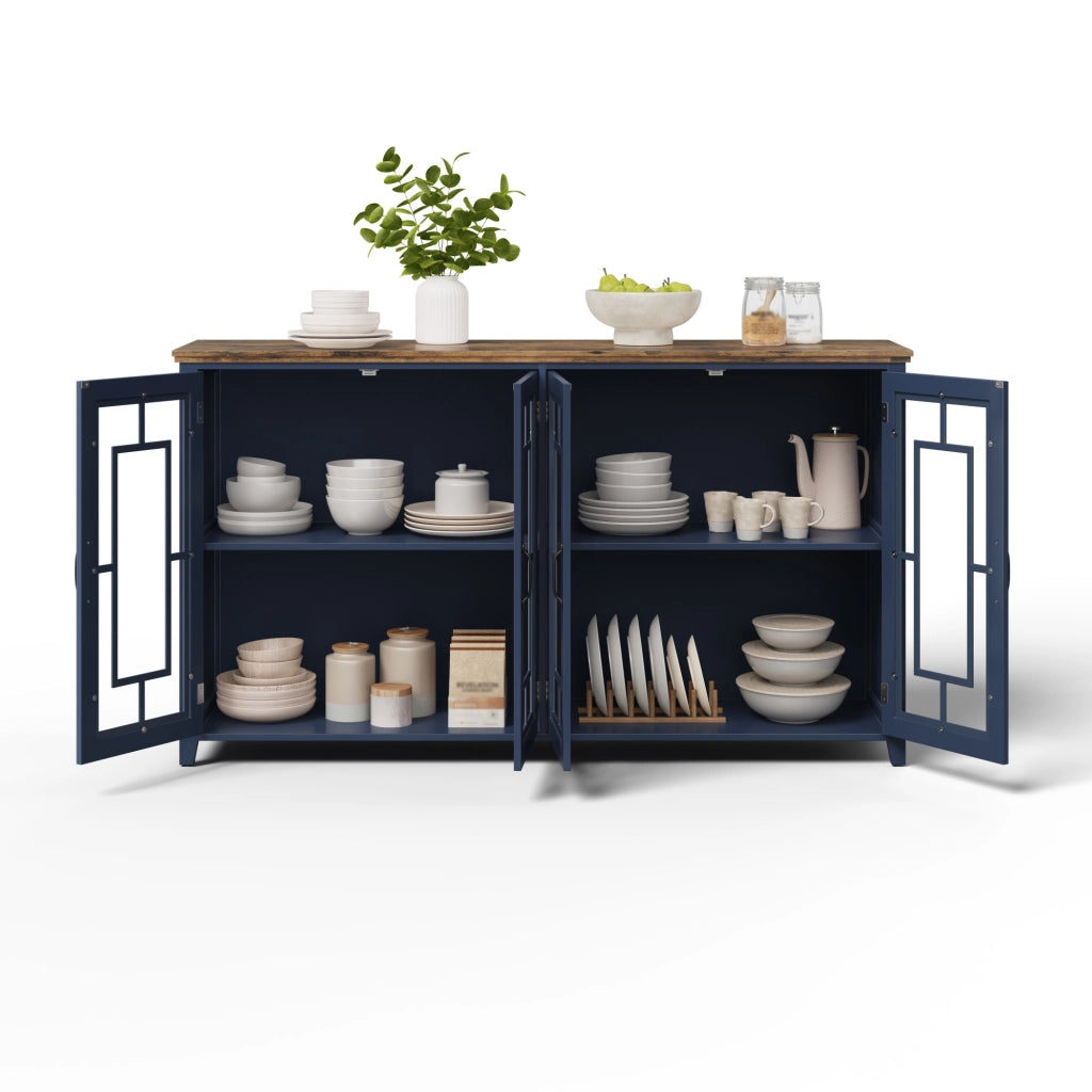Credenza e madia con ante in vetro, 2 vani, piano effetto legno, in MDF, per cucina e soggiorno 160 × 40 × 86 cm