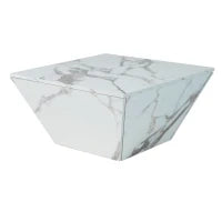 Tavolino da Salotto Moderno Trapezoidale in MDF con Finitura Marmo, 2 Cassetti, Design Unico e Stabile, 70x70x37 cm, Bianco