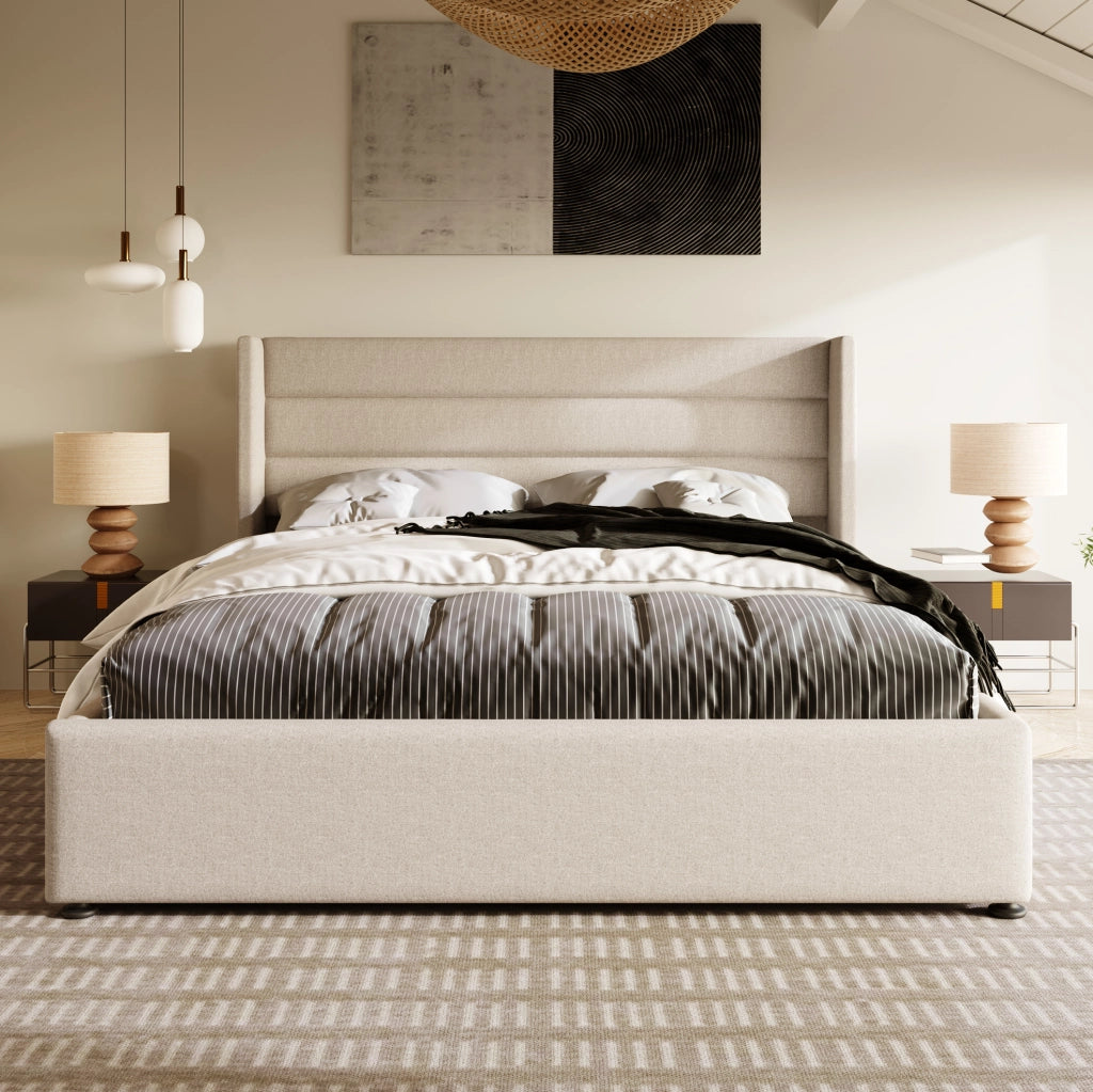 Letto matrimoniale imbottito 160x200 cm con contenitore e apertura idraulica; lino beige