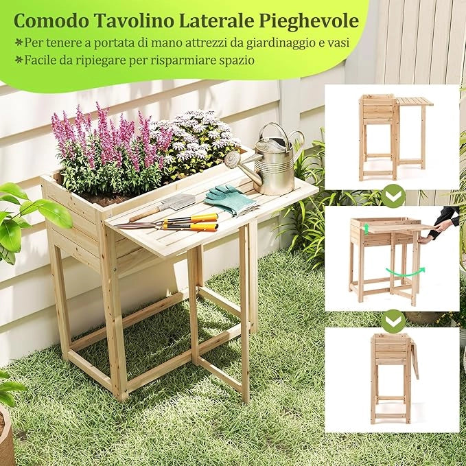 Letto da Giardino Rialzato, Orto Rialzato in Legno con Gampe, Tavolino Laterale Pieghevole e Drenaggio, Fioriera da Esterno per Fiori, Verdure e Frutta, 63 x 67 x 74 cm