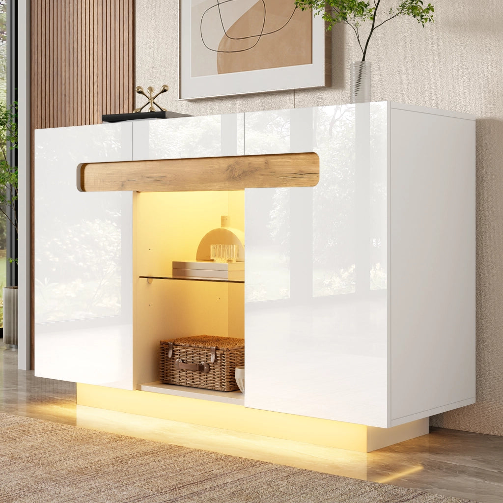 Credenza moderna con LED, fronti lucide, 120 ¡Á 40 ¡Á 80 cm, bianco e effetto legno naturale