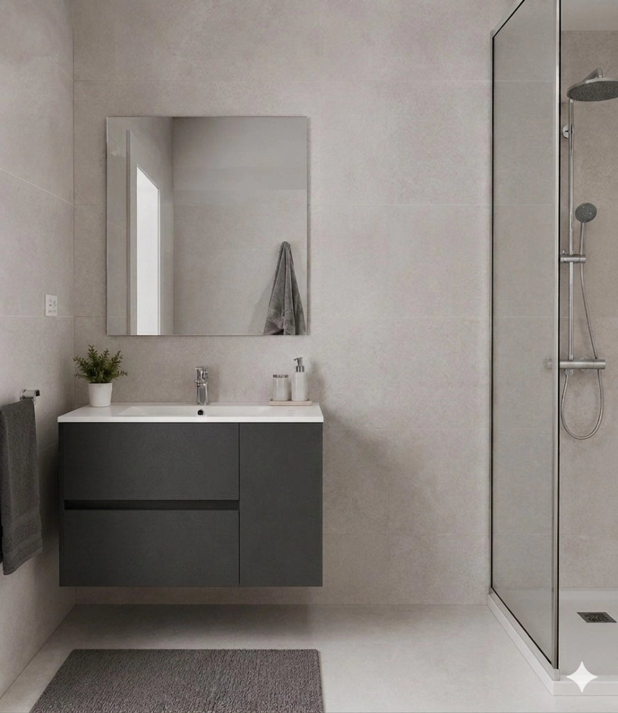 Mobile Bagno HEIMDALL Già Montato 2 cassetti e porta, lavabo e specchio Grafite 100x45 cm
