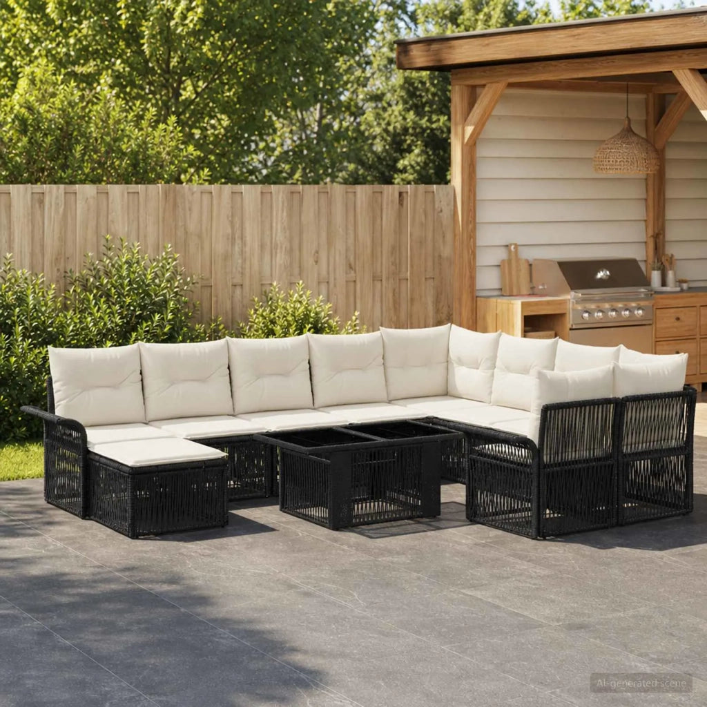Set Divano da Giardino 11 pz Nero e Bianco Crema polyrattan 3436729