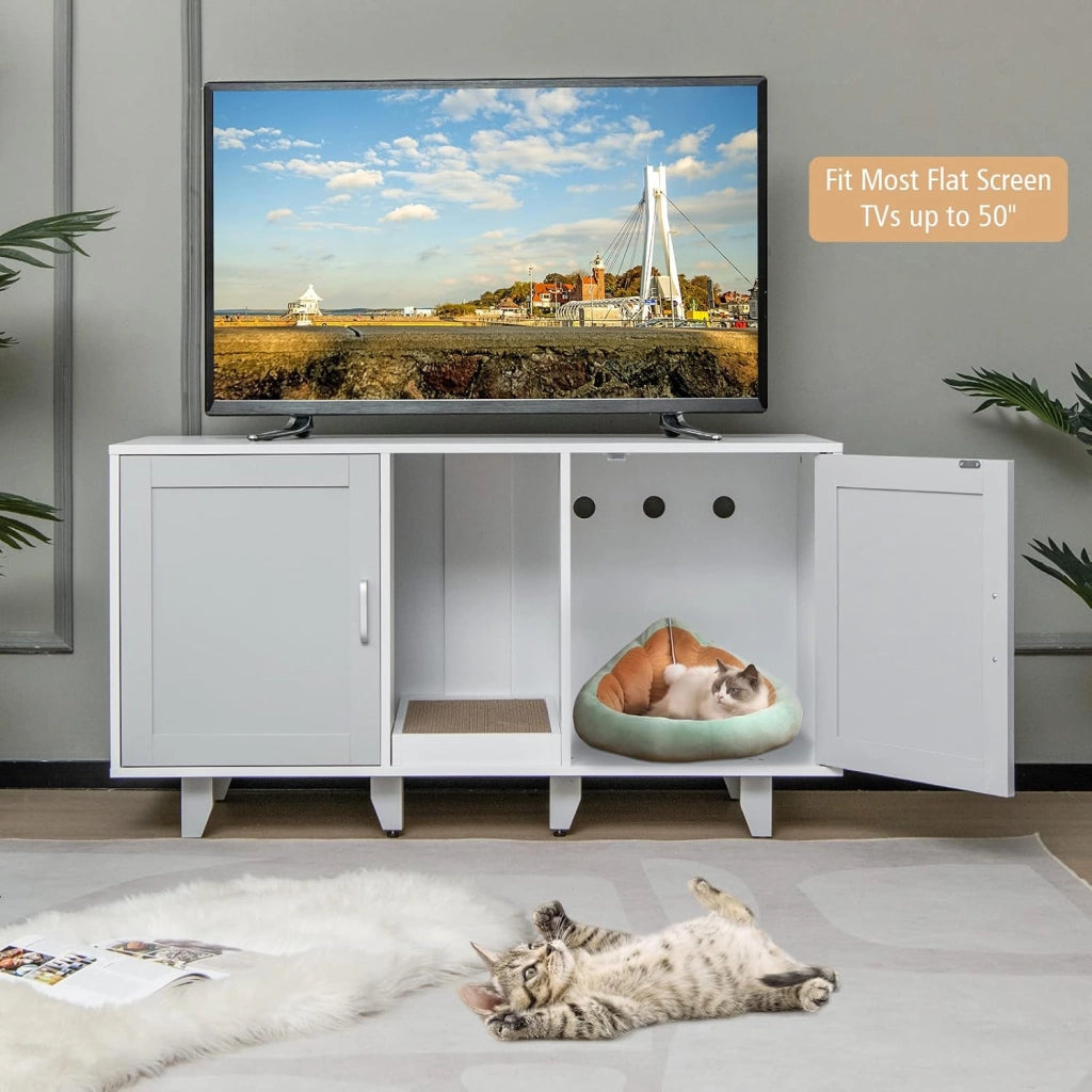 Mobile Lettiera per Gatti con 2 Ante, Armadio per Gatto in Legno con Ingresso Centrale e Tiragraffi, Grotta Rifugio Multiuso per Soggiorno e Camera da Letto, 120 x 52 x 65 cm (Grigio)