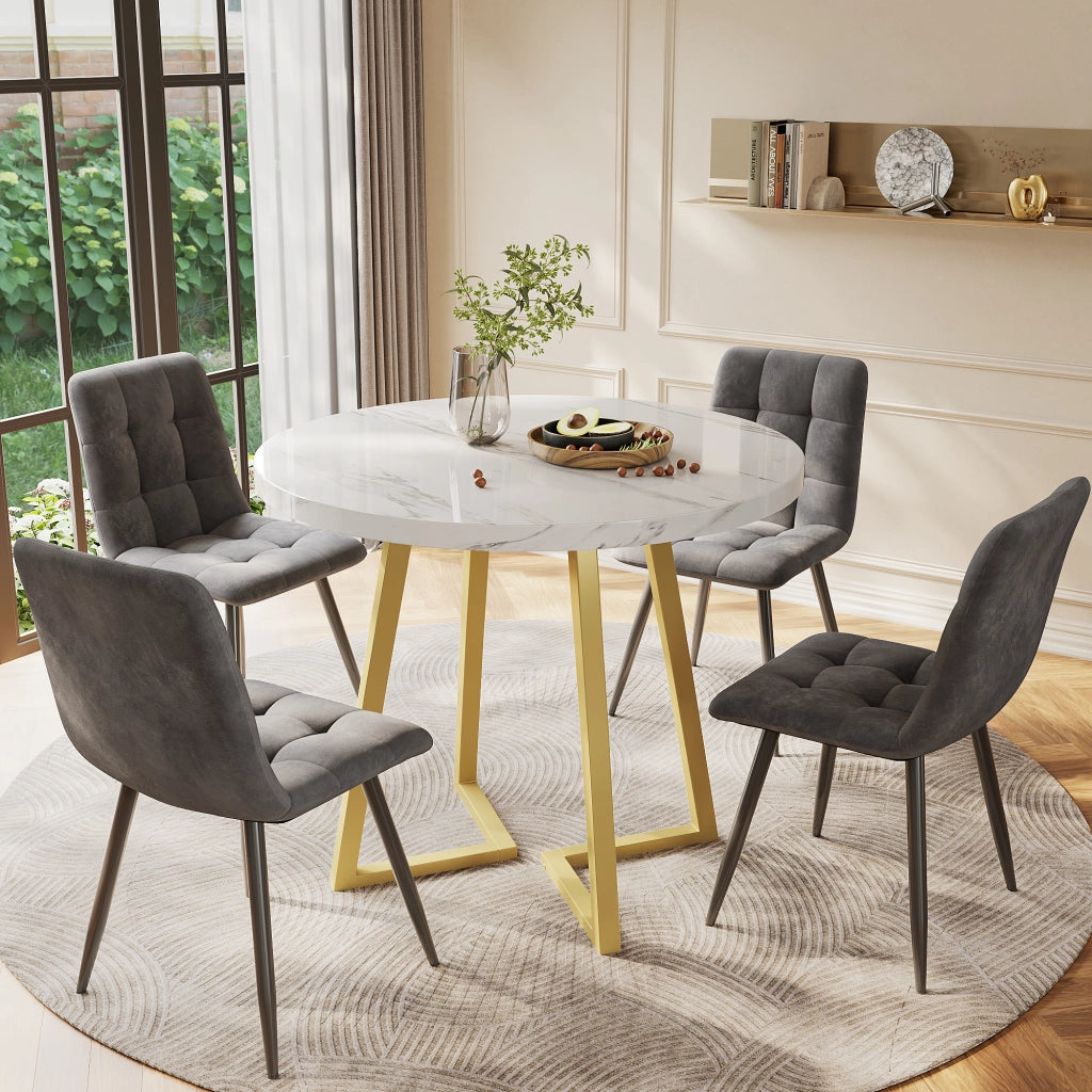 Tavolo da pranzo per 4 persone con 4 sedie, piano rotondo con motivo marmo, gambe in metallo per cucina