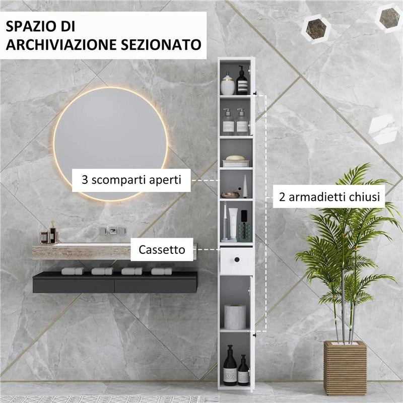 COLONNA BAGNO SALVASPAZIO CON 2 ARMADIETTI 3 RIPIANI APERTI E CASSETTO IN LEGNO 20X20X178 CM BIANCO