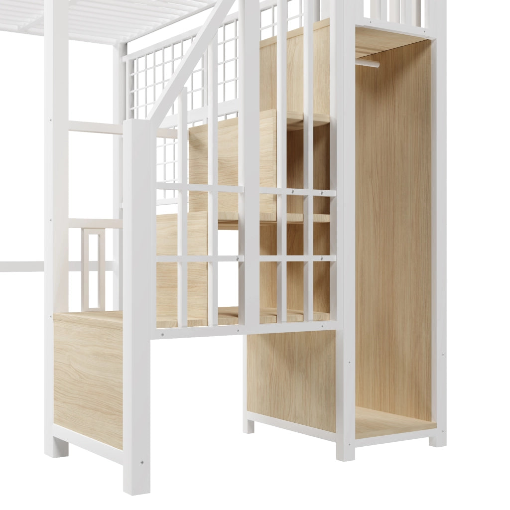 Letto a soppalco in metallo 90x200 cm con guardaroba; scala contenitore; barre appendiabiti; LED 7 colori e spazio aperto; bianco
