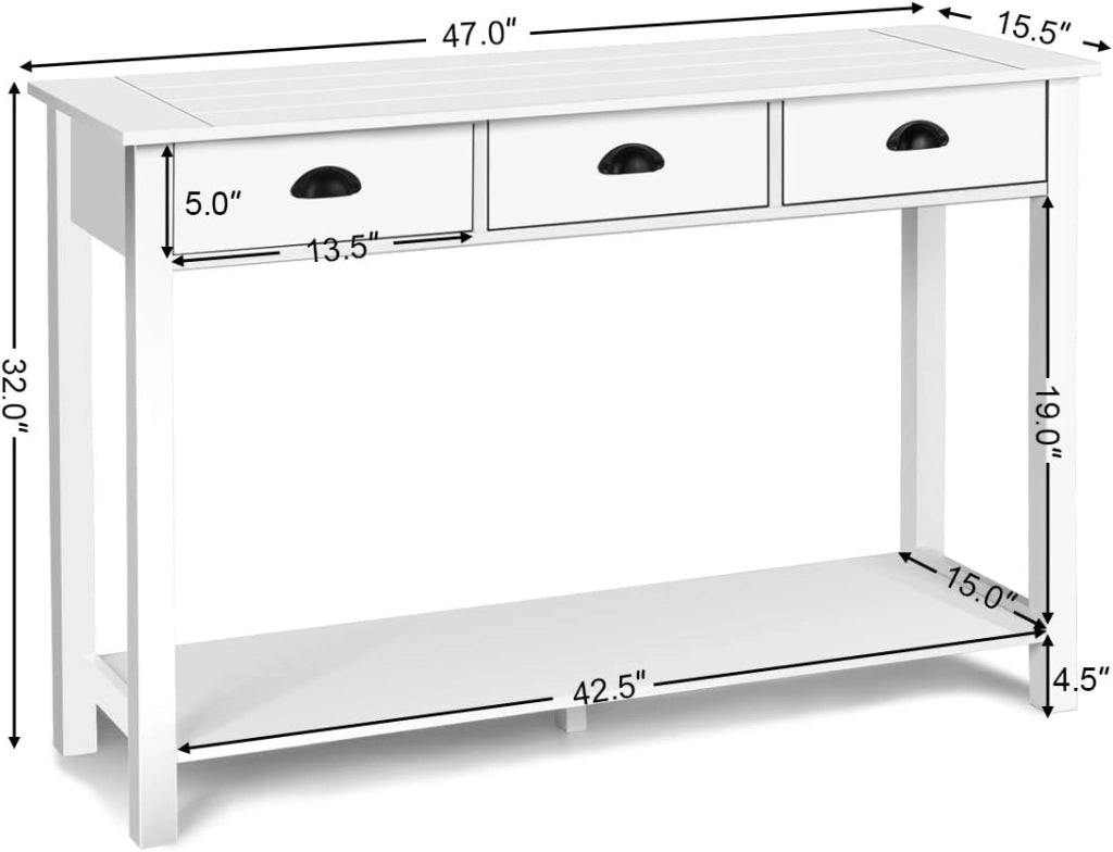 - Tavolo consolle con 3 cassetti, tavolino da salotto con mensola, rettangolare, per soggiorno, ufficio, camera da letto, corridoio, uso multifunzionale, per ingresso (bianco)