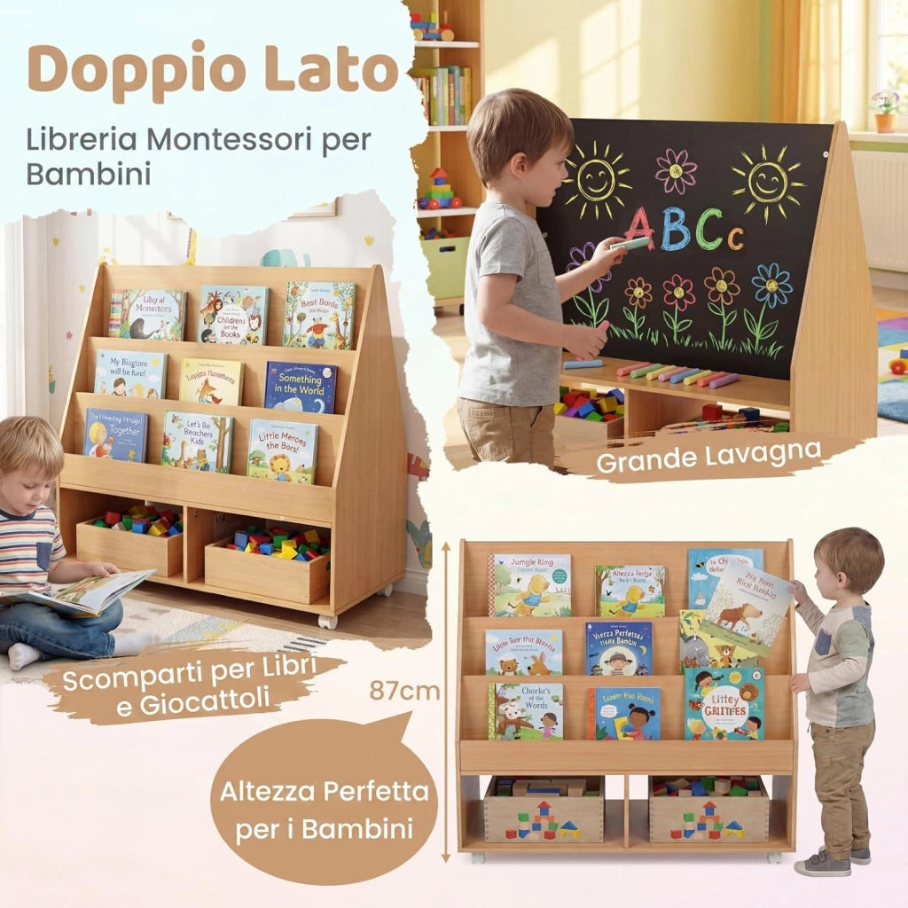 Libreria Montessoriana per Bambini, Scaffale per Giocattoli in Legno con Lavagna e 5 Ruote, Libreria a 3 Ripiani e Scomparti, per Cameretta e Asilo Nido, 90 x 45,5 x 87 cm (Naturale)