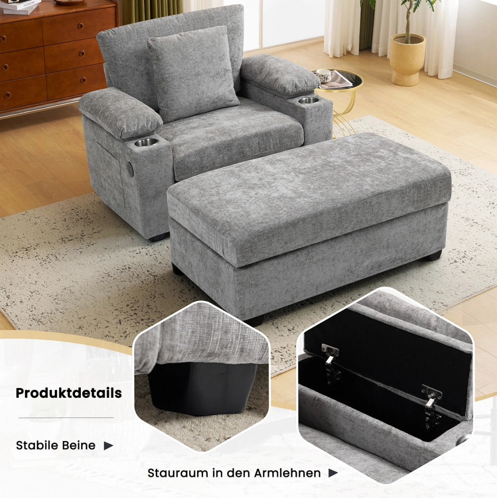 Poltrona relax convertibile in divano letto con portabicchieri; chenille grigio