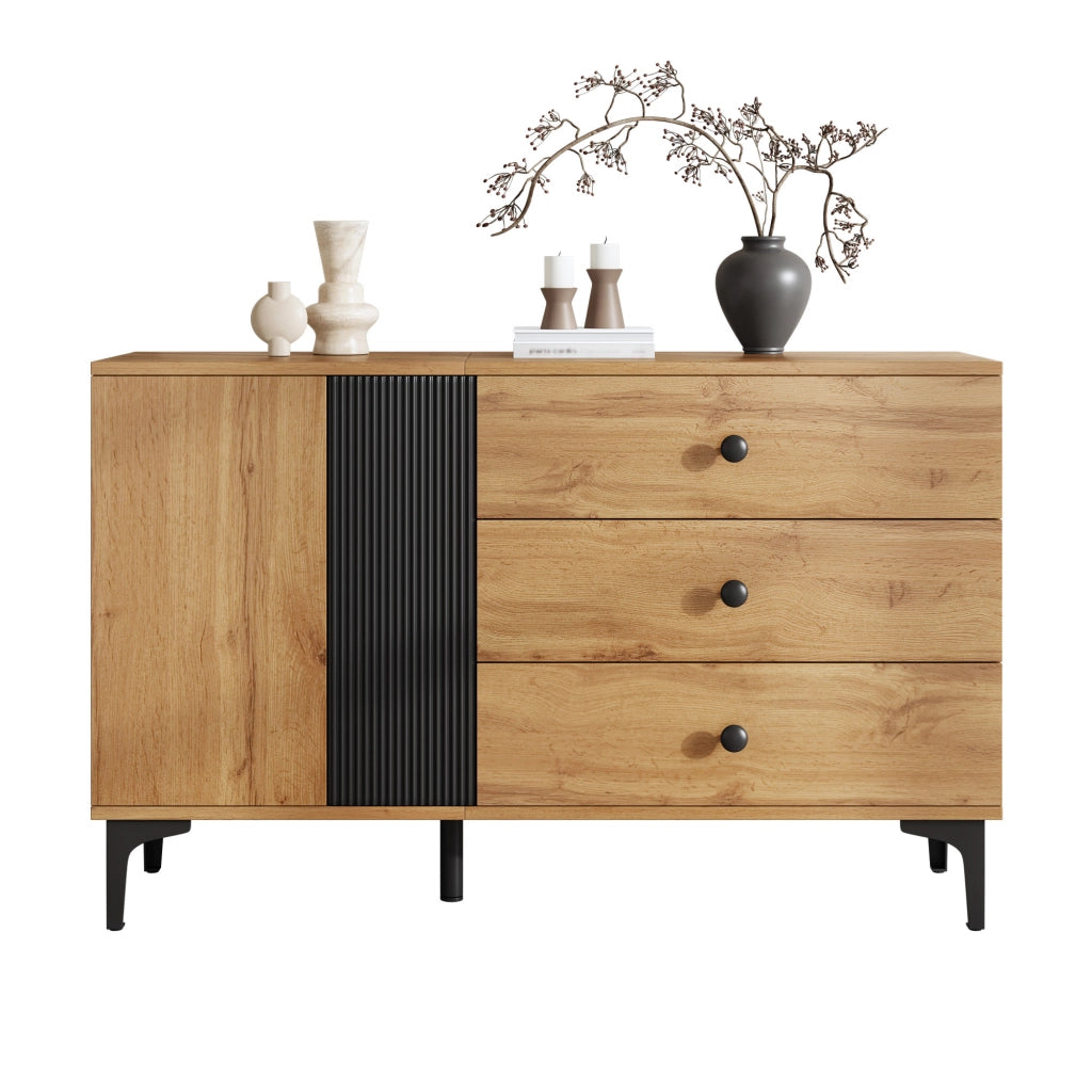Credenza Moderna Legno e Nero Mobile Buffet 120 cm con 3 Cassetti e Anta