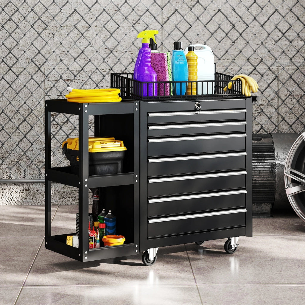 Carrello per utensili con 7 cassetti e scaffale laterale rimovibile ¨C zephmum ¨C Nero, metallo, 96x33.5x75 cm
