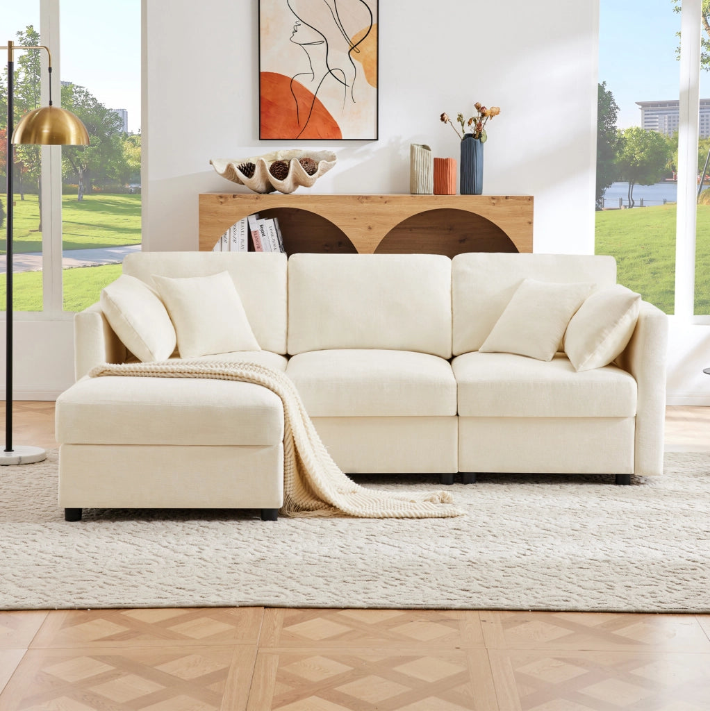 Divano 3 posti con pouf mobile e braccioli regolabili in ciniglia beige