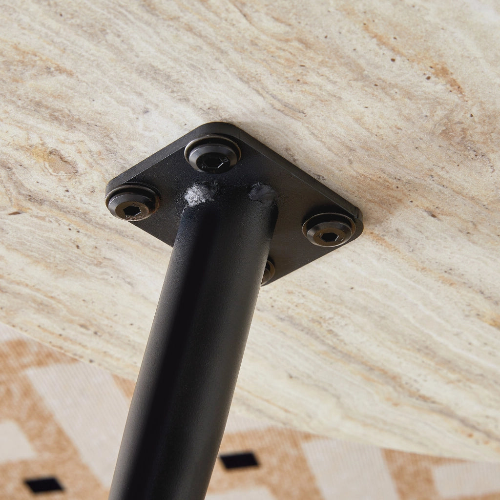 Tavolino rotondo con 1 piano in MDF effetto travertino chiaro; gambe in metallo nere; per soggiorno; Ø 70 × 35;5 cm