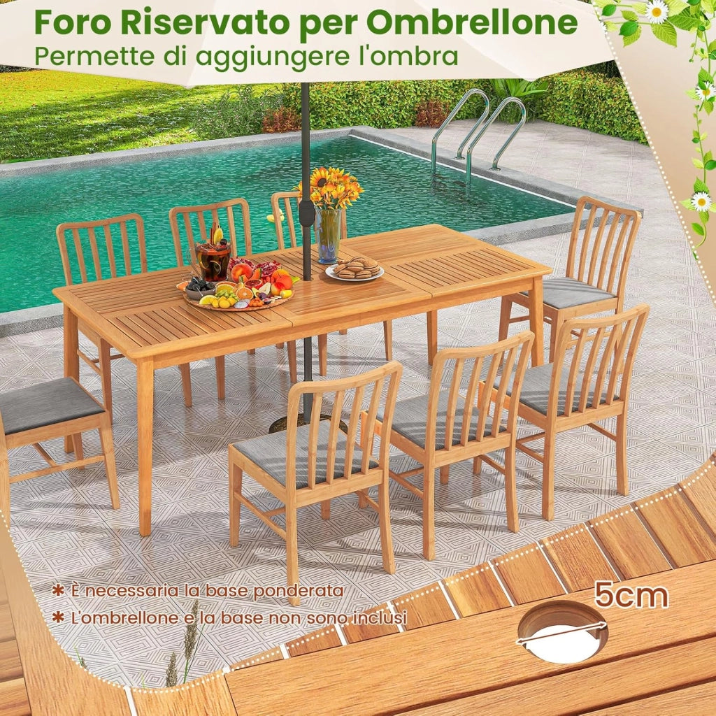 Tavolo Pranzo da Giardino a 8 Posti, Tavolo in Legno con Foro per Ombrellone 5 cm, per Giardino Patio Piscina, Portata 160 kg, 200 x 90 x 75 cm