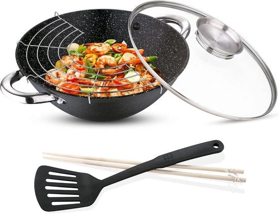Pentola Wok Versatile - Induzione - 1 pezzo - Rivestimento Marmoreo - Ghisa Fusa
