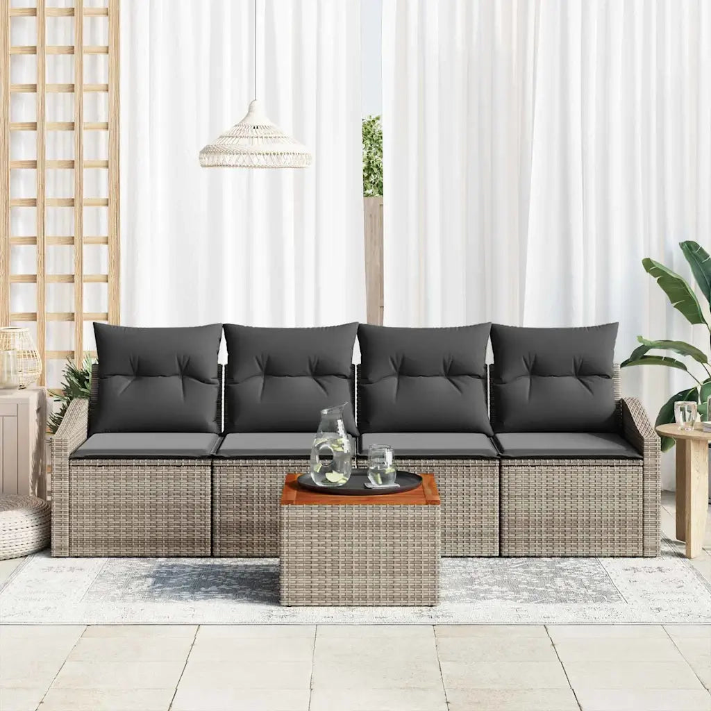 Set Divano da Giardino con cuscino 5 pz | Set Salotto da Giardino Grigio polyrattan