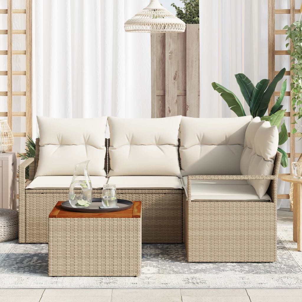 Set Divano da Giardino 5 Pezzi con Cuscini Beige in Rattan Sintetico e Acacia