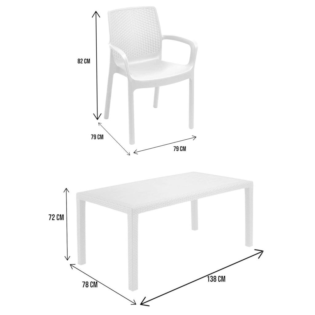 Set salotto da esterno Sover, Salottino outdoor e indoor, Tavolo rettangolare fisso con 4 sedie impilabili, Made in Italy, Bianco