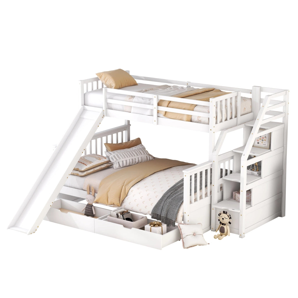 OKWISH Letto a Castello 90×200 cm e 140×200 cm, Letto 3 Posti con 2 Cassetti, Contenitore e Scivolo, senza Materasso, in Pino, Bianco