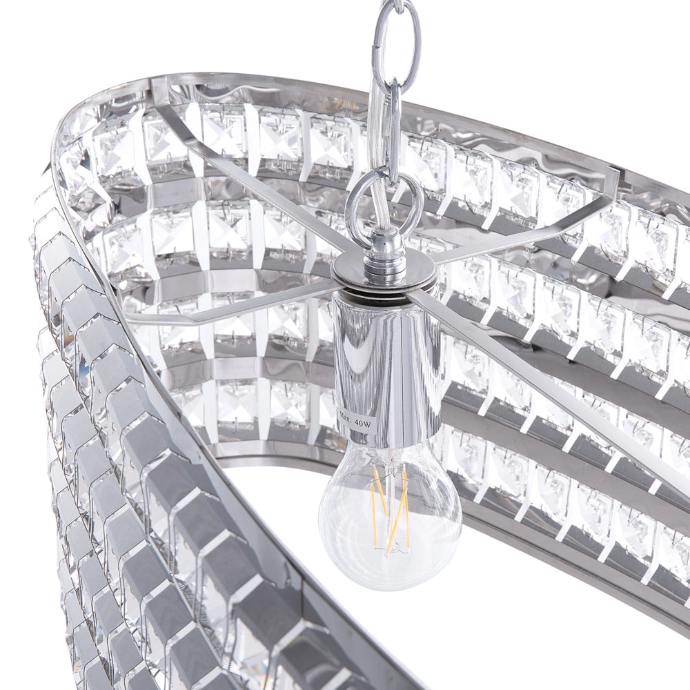 Lampadario in Metallo Argentato Paralume Ovale a 2 Luci con Cristalli in stile Glam