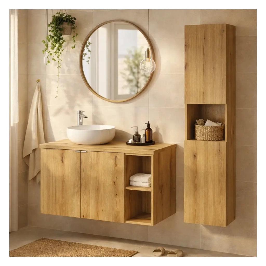 Insieme VANO effetto rovere 130cm: mobili sotto lavabo con armadi e nicchie a vista + piano per lavabo + colonna