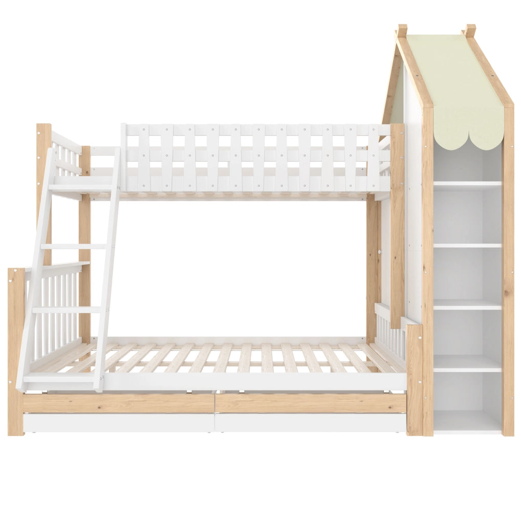 Letto a castello per bambini 90x200 cm + 140x200 cm con scala; 2 cassetti e contenitori; bianco e naturale