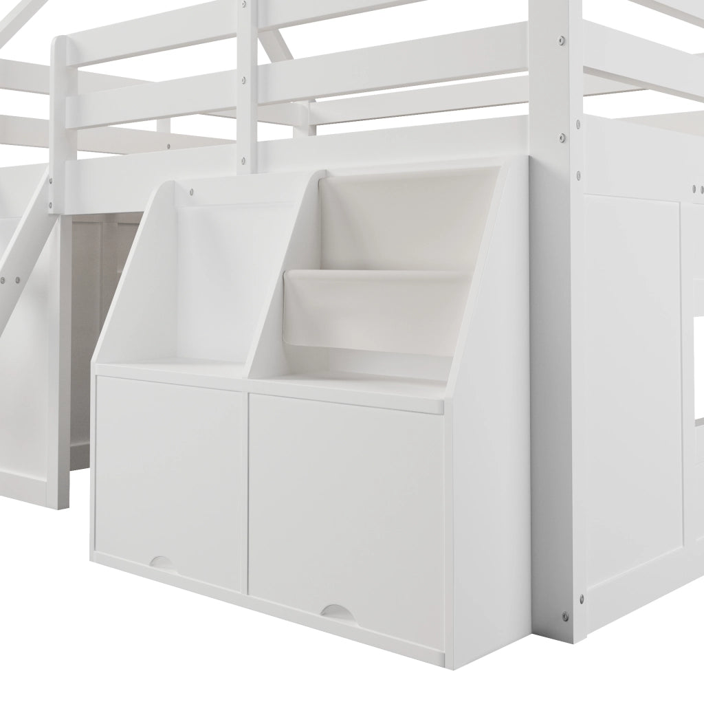 Letto a Soppalco 140x200 cm con scale; LED; box e tasche in legno bianco per cameretta