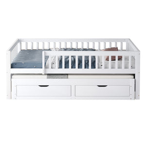 Divano letto-Xylo-90x200 cm-barriera, 2 cassetti, pino bianco