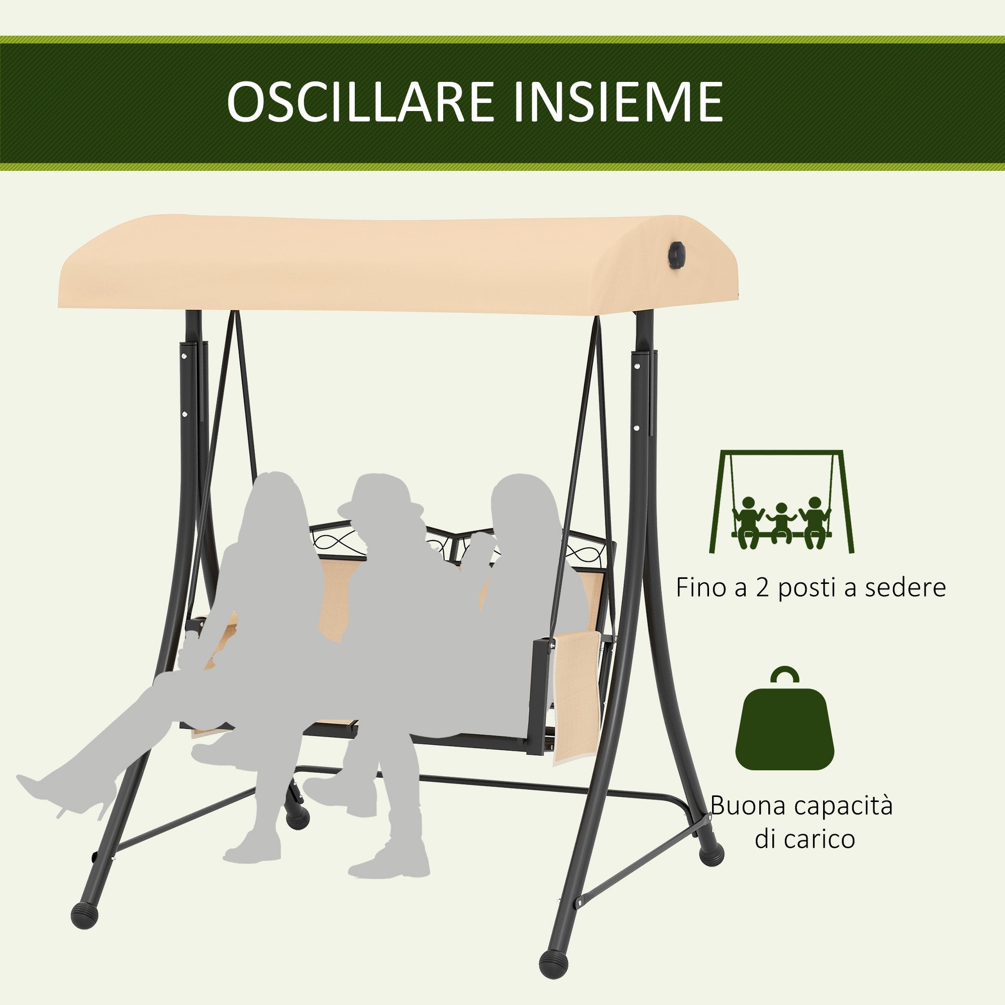 Dondolo da Giardino 2 Posti con Tetto Parasole Regolabile e Tasche Laterali Beige