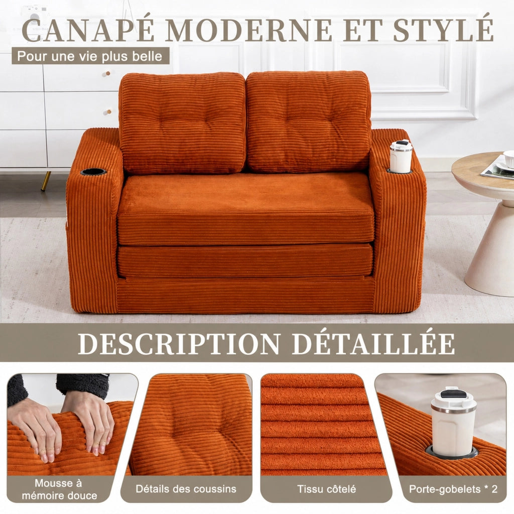 Divano modulare a due posti in velluto a coste con braccioli portabicchieri e tasche laterali arancione 136 × 80 × 82,5 cm