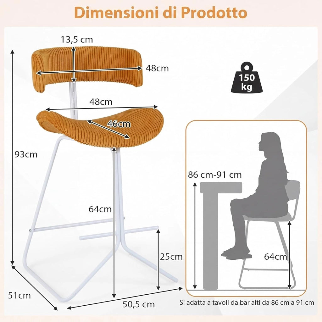 Set di 2 Sedie da Pranzo Imbottite | Sgabelli da Bar Senza Braccioli con Schienale Curvo e Poggiapiedi, Portata 113 kg, Sedie da Cucina Moderne per Soggiorno