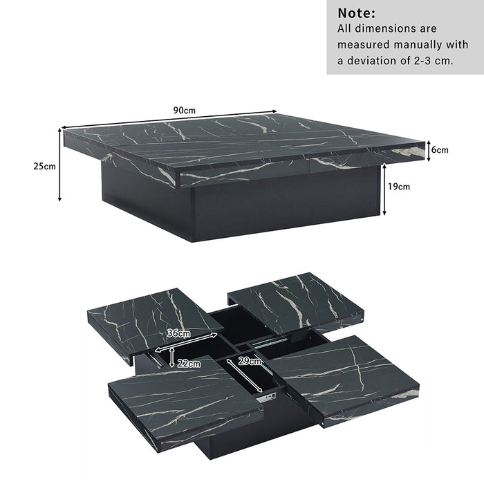 Tavolino-Xylo-90x90x25cm nero marmo 4 cassetti