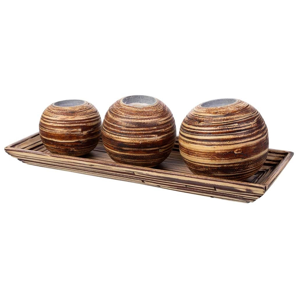 Set vassoio e 3 portacandele in legno di bambù marrone 33x13x3h cm