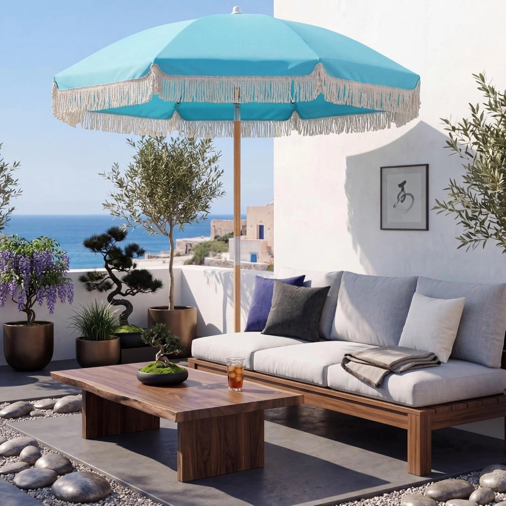 Ombrellone da spiaggia 170 cm, ombrellone rotondo con bastone di legno, ombrellone terrazza esterna inclinabile a 30° con 8 aste e doppio strato ventilato, per giardino, balcone