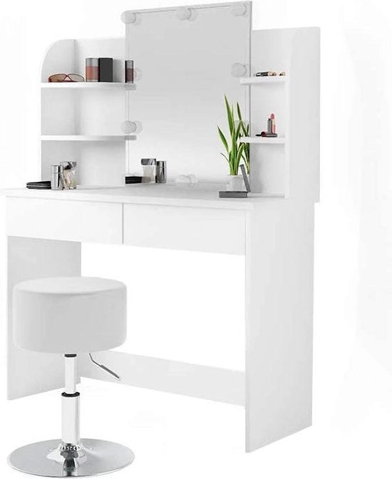 Tavolo da toeletta in vetro - Specchio con illuminazione LED - Con sgabello - Tavolo da toeletta per donne - 108 x 142 x 40 cm