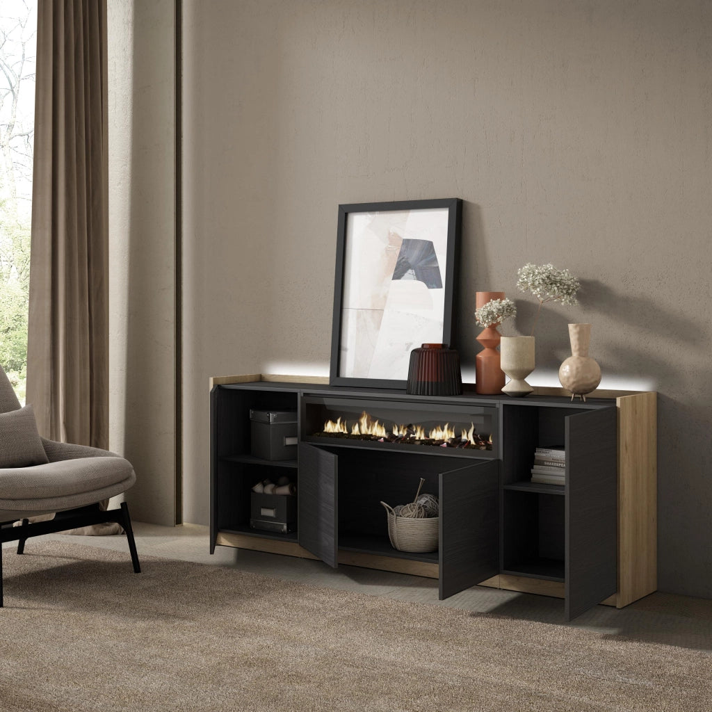 Credenza, Mobile, Cucina, 207x80x37 cm, 4 Porte, Camino elettrico, LED, Nero e rovere