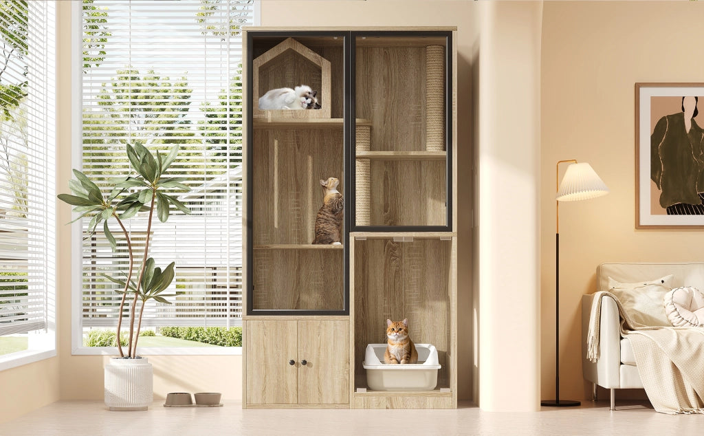 Recinto per gatti a 4 livelli in MDF e vetro temperato, 90 x 50 x 160 cm, colore naturale