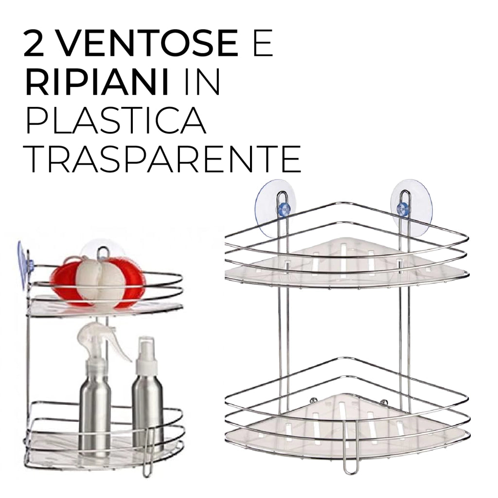 Mensola Angolare Bagno 2Piani Acciaio Cromato Montaggio Fisher o Ventosa 20x20 H26.5cm