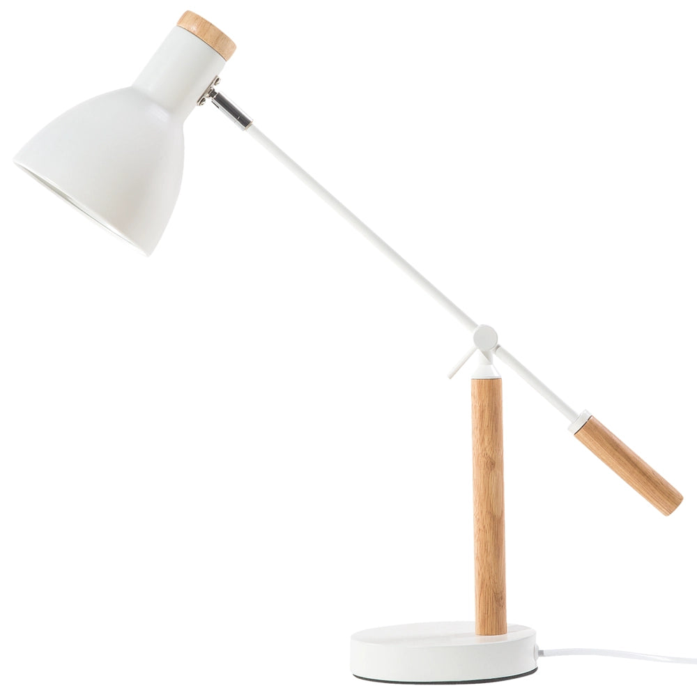Lampada da Tavolo in Metallo Bianco 50H cm Legno Chiaro Braccio della Gru Paralume Orientabile Moderno