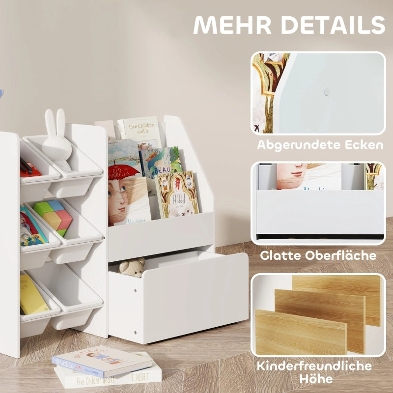Scaffale per bambini con 6 contenitori estraibili, libreria e box su ruote, bianco