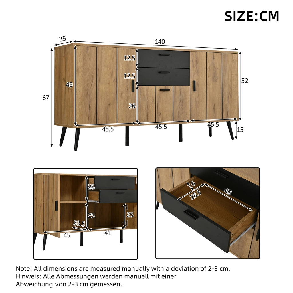 Credenza e madia con 2 cassetti 3 ante e 7 vani per soggiorno e sala da pranzo in MDF nero e legno 140 × 35 × 67 cm