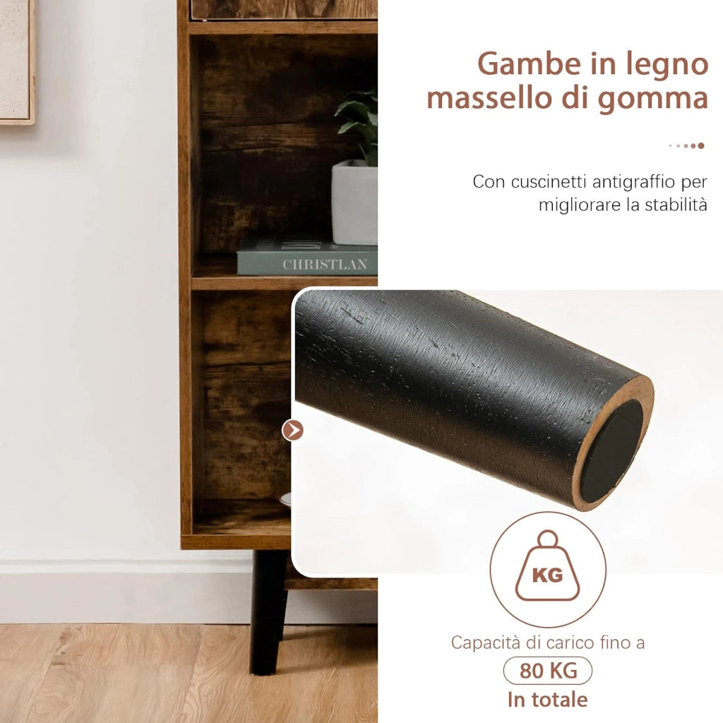 Libreria di Legno a 4 Livelli, Libreria con 2 Ante, 4 Mensole Aperte, Gambe in Legno di Gomma, Cuscinetti Antigraffio e Dispositivo Antiribaltamento, 80 x 24 x 119,5 cm (Caffè)