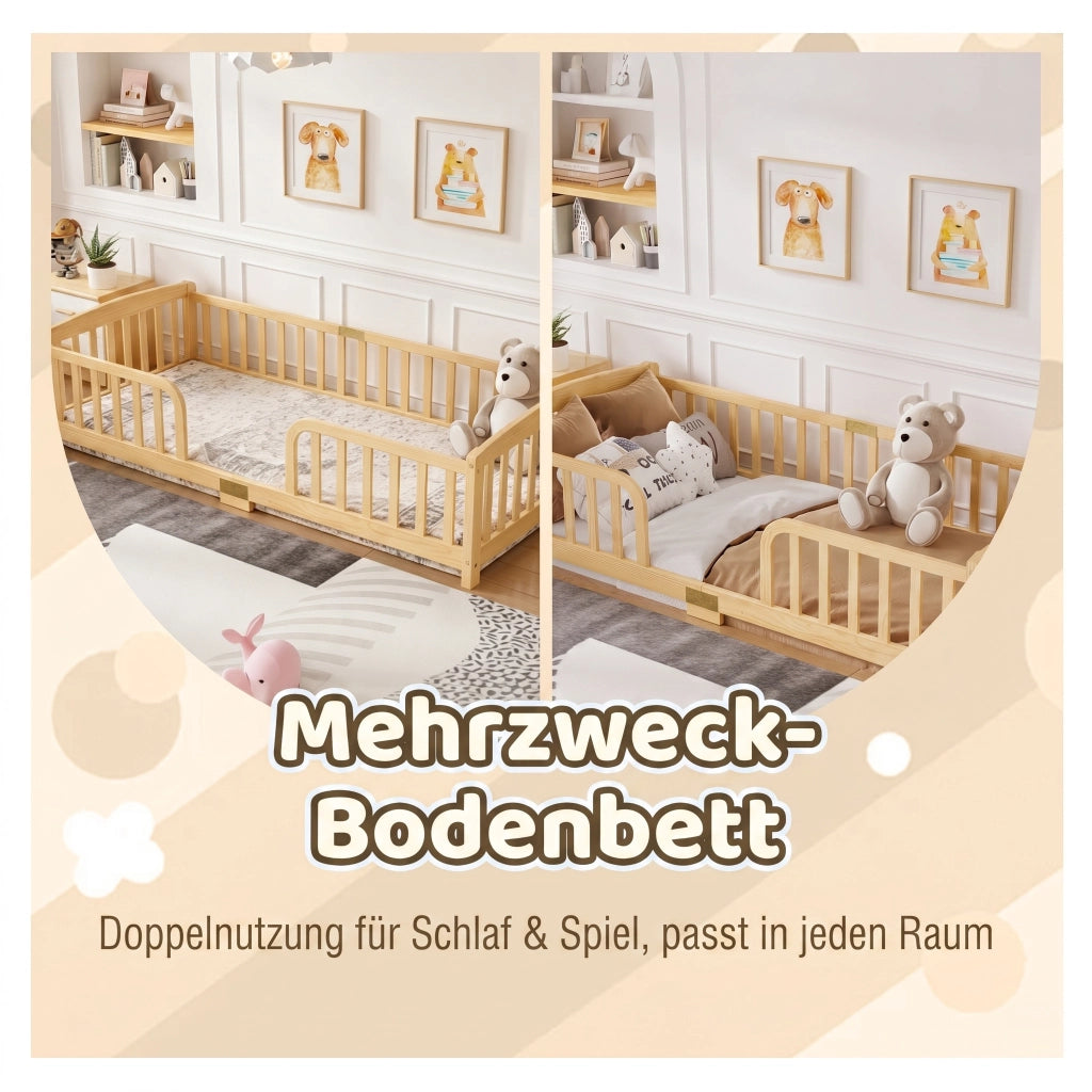 Letto per bambini 90 × 200 cm con barriere di sicurezza e apertura centrale, senza materasso, in pino, naturale